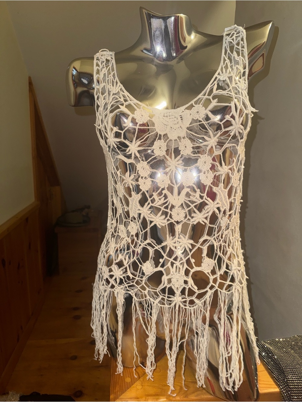 Boho Crochet Fringe Swim Cover-Up Tank — White